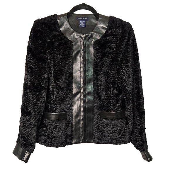 Boston Proper 4 Leather Trim Faux Fur Jacket Black Quiet Luxury Chic Edgy - Picture 1 of 12